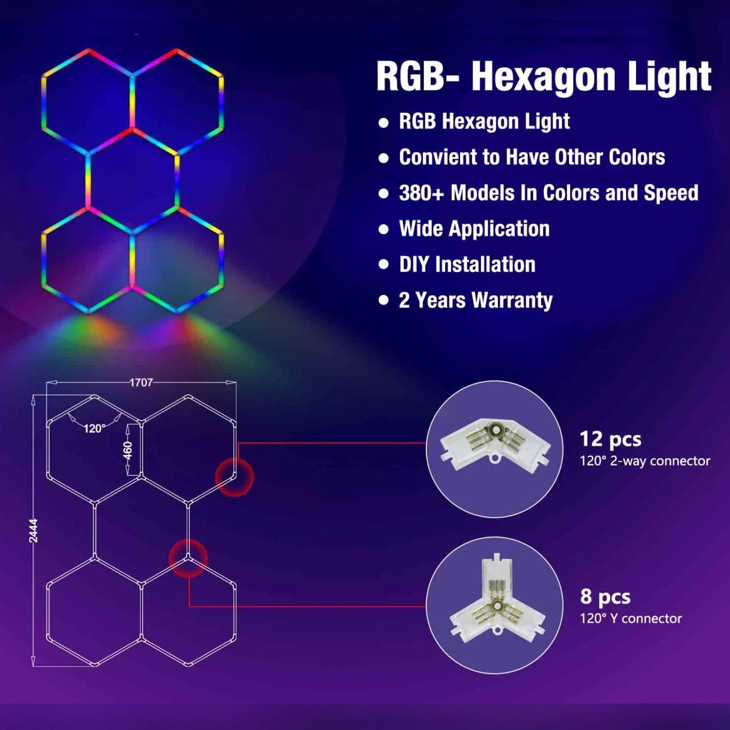 RGB LED Hexagon Ultrabright LED Multicolour Hex Lights - Five Hex Grids