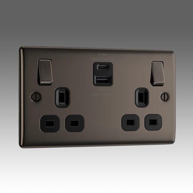 BG Nexus Metal Black Nickel, 13A Double Switched Socket with USB A + C 22W