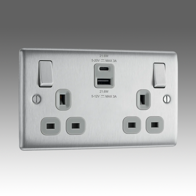BG Nexus Metal Brushed Steel, 13A Double Switched Socket with USB A + C 22W