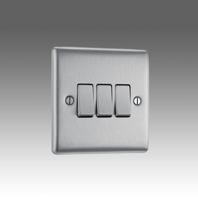 BG Nexus Metal Brushed Steel, 20A 16AX Triple Switch, 2 Way