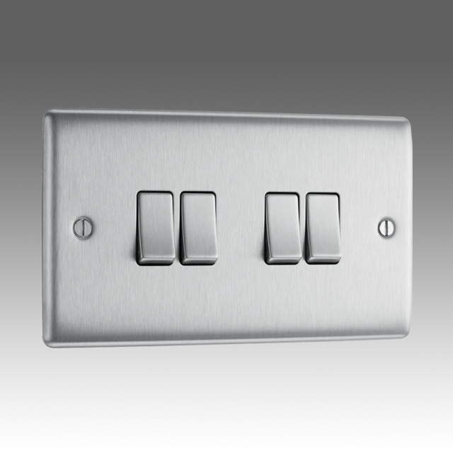 BG Nexus Metal Brushed Steel, 20A 16AX Quadruple Switch, 2 Way