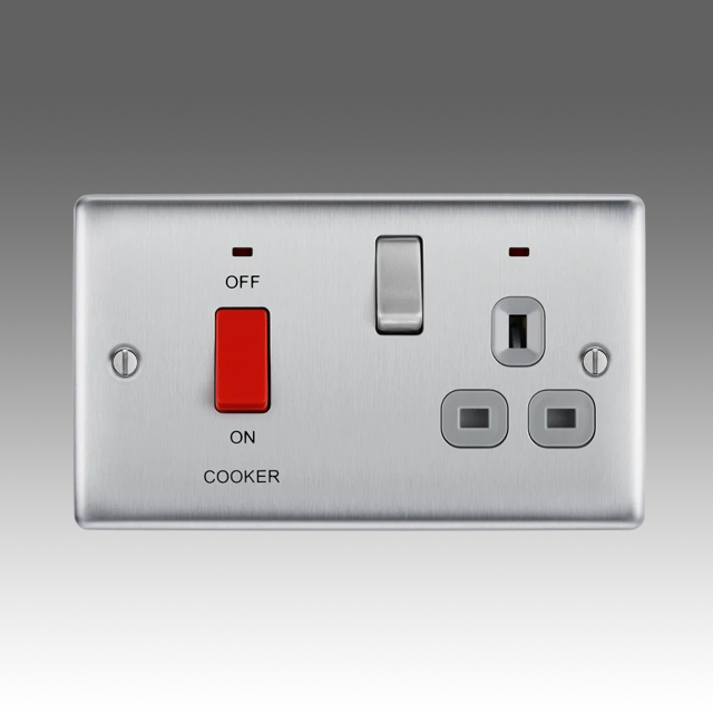 BG Nexus Metal, Brushed Steel, 45A Cooker Control Unit With 13A Socket And LED Indicators