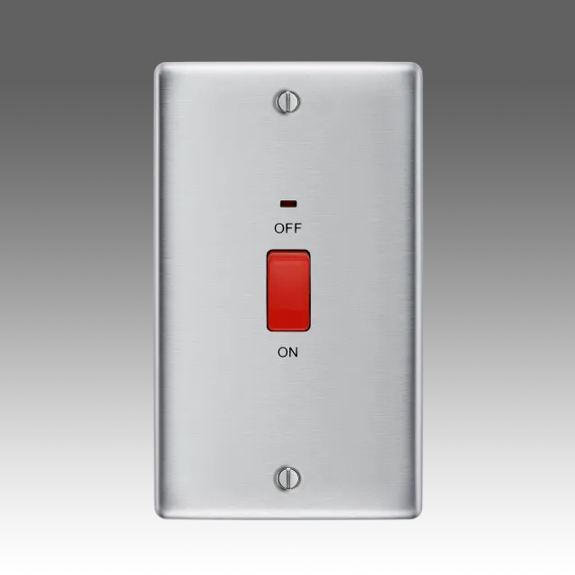 BG Nexus Metal Brushed Steel, 45A Large Plate Double Pole Switch With LED Indicator