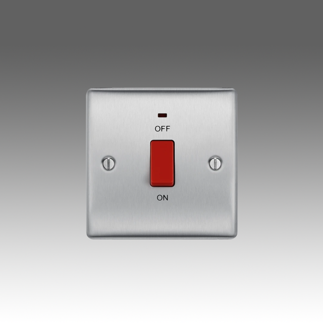 BG Nexus Metal Brushed Steel, 45A Square Plate Double Pole Switch With LED Indicator