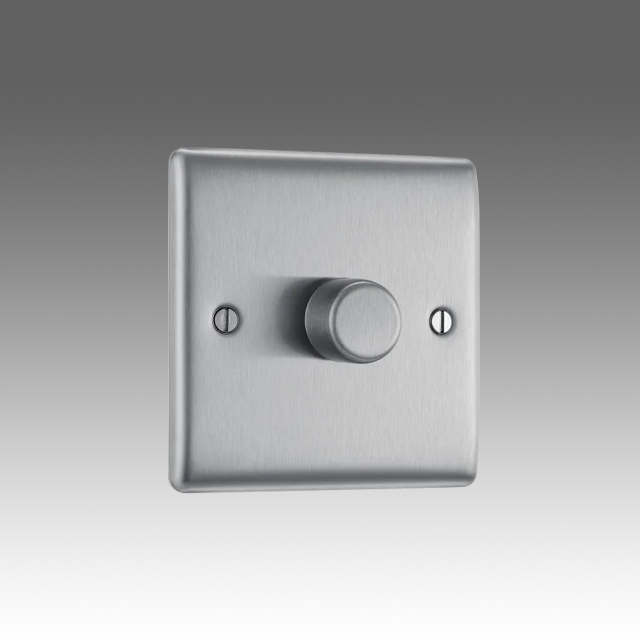 BG Nexus Metal, Brushed Steel, Single Dimmer Switch, 2 Way, Trailing Edge 200W