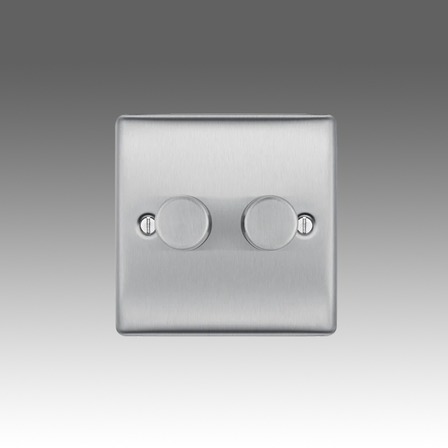 BG Nexus Metal, Brushed Steel, Double Dimmer Switch, 2 Way, Trailing Edge 200W