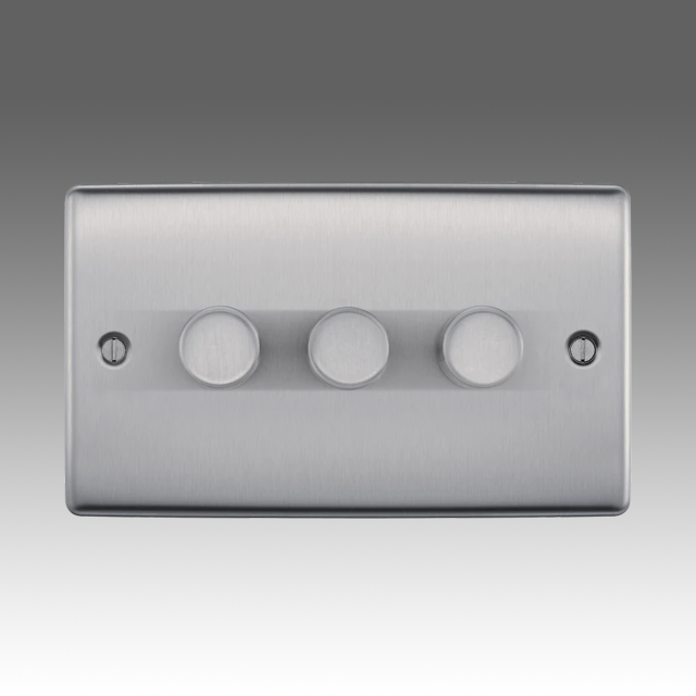 BG Nexus Metal, Brushed Steel, Triple Dimmer Switch, 2 Way, Trailing Edge 200W