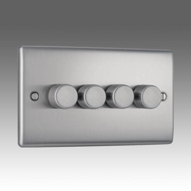 BG Nexus Metal, Brushed Steel, Quadruple Dimmer Switch, 2 Way, Trailing Edge 200W