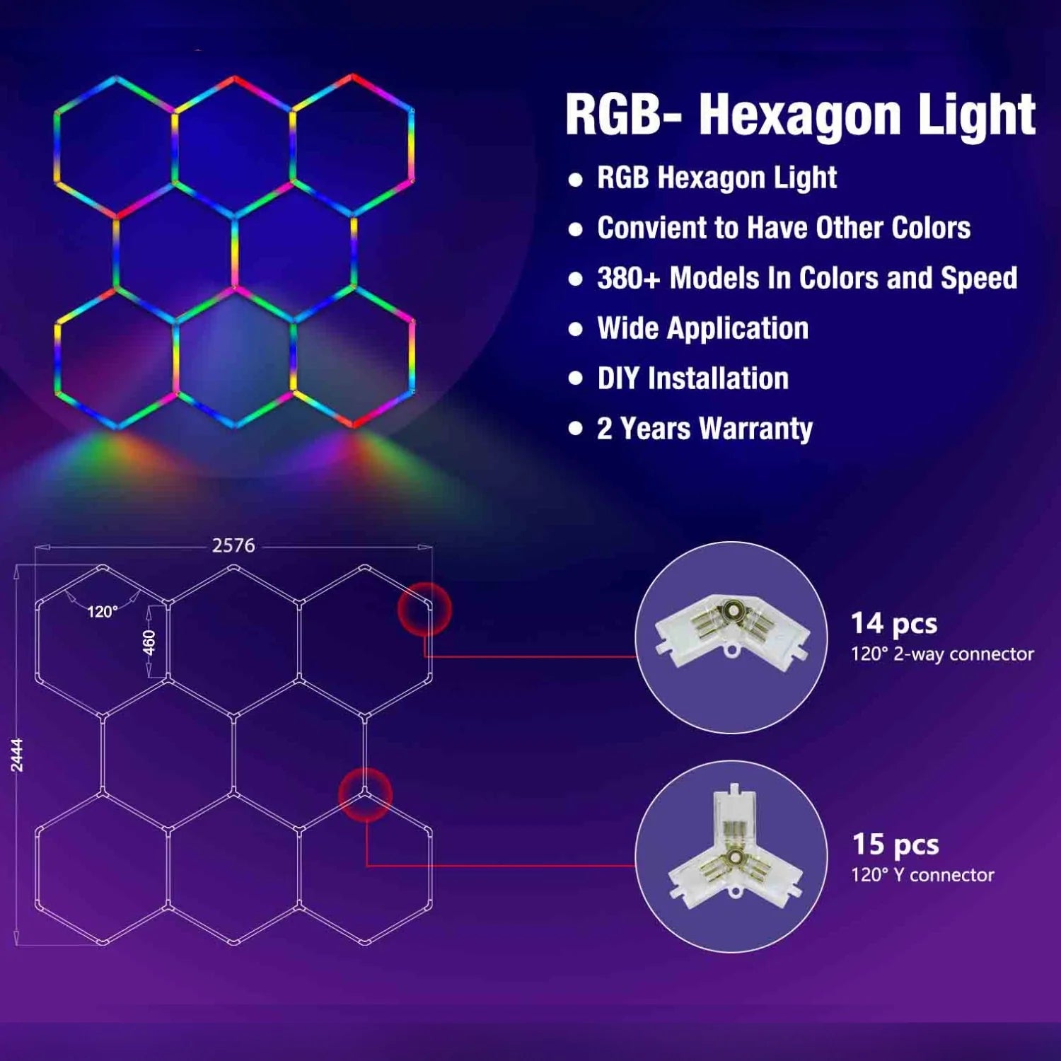 RGB LED Hexagon Ultrabright LED Multicolour Hex Lights - Eight Hex Grids