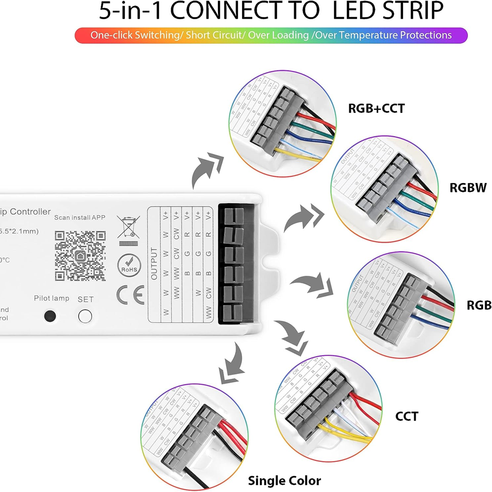 5IN1 LED Strip Controller (Single Color / CCT / RGB / RGBW / RGBCCT) (WiFi)