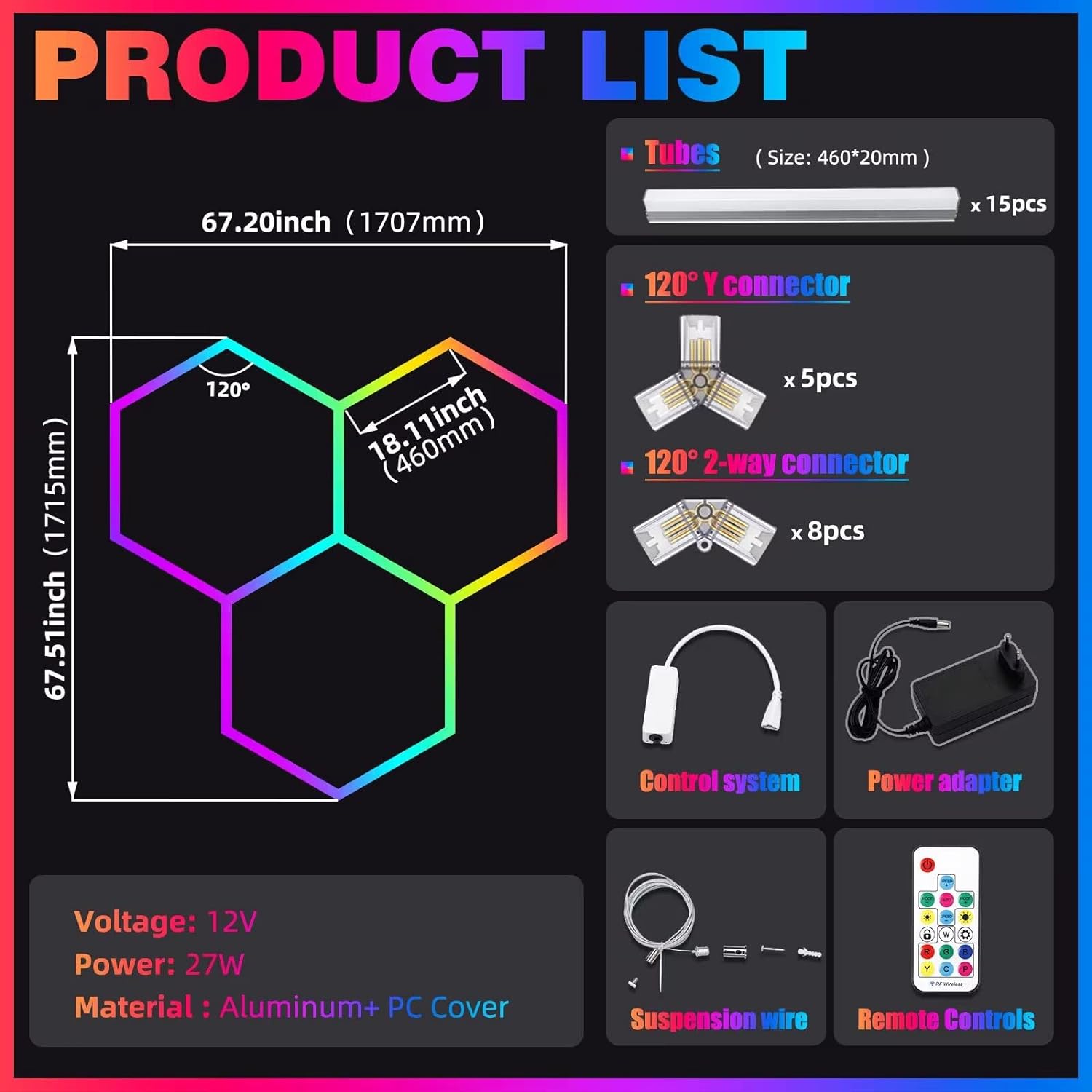 RGB LED Hexagon Ultrabright LED Multicolour Hex Lights - Three Hex Grids